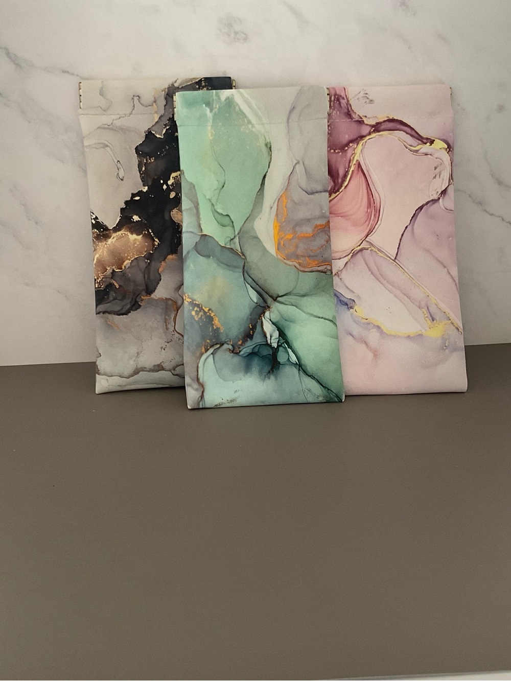 3 Abstract Marble Canvas Trio - Mint, Blush & Charcoal squeezable sunglass pouch